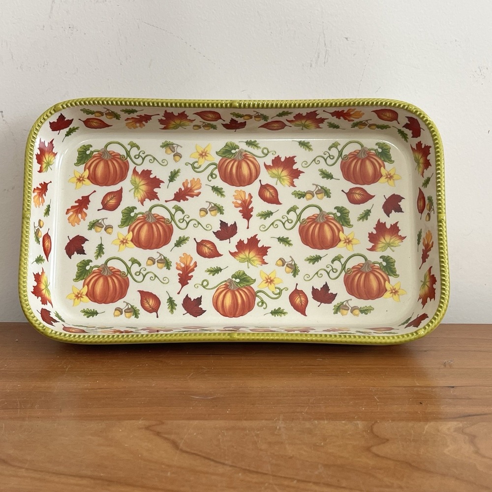 Temp-tations Seasonal .75 Quart Ceramic Baking Dish Pumpkin Fall Leaves QVC 10x6